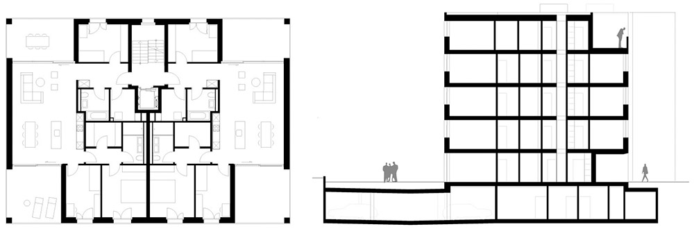 Abb. links: Die Balkone in den Gebäudeecken werden aus zwei Richtungen besonnt. Abb. rechts: Die Ladestationen für die E-Mobilität befindet sich in der gemeinsamen Einstellhalle. (Quelle: Rene Schmid Architekten AG)