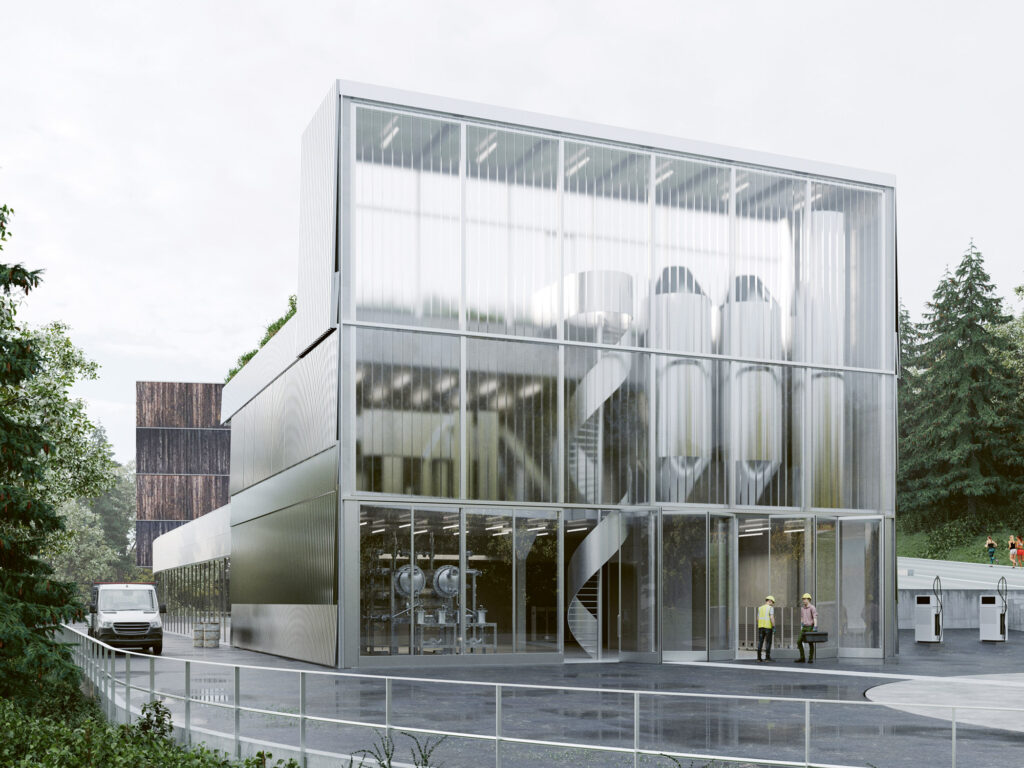 Die Energiezentrale ist als «Schaukasten» geplant. Am rechten Bildrand erkennt man die kreisförmige Fläche, welche die Bohrung kennzeichnen soll. (Visualisierung: op-arch)