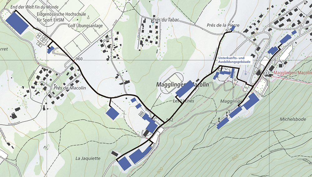 Das Fernwärmenetz erreicht zahlreiche verstreute Bauwerke. (Grafik: BBL-Wärmeverbund Magglingen)