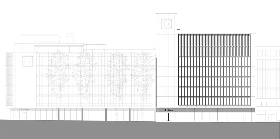 Die vorgehängte Fassade differenziert über dem Sockel zwischen Hauptgeschossen und einem Attikabereich.