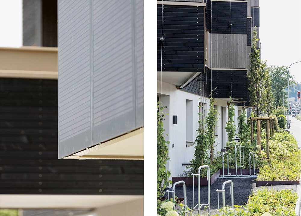 Bild links: Die fassadenintegrierten Photovoltaikpaneele sind erst beim näheren Hinsehen erkennbar. Bild rechts: Die Strassenfassade ist begrünt. Für Zweiräder bestehen ausreichend Stellplätze.